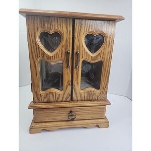 Vintage Wooden Musical Jewelry Box Armoire Heart Drawers Etched Glass